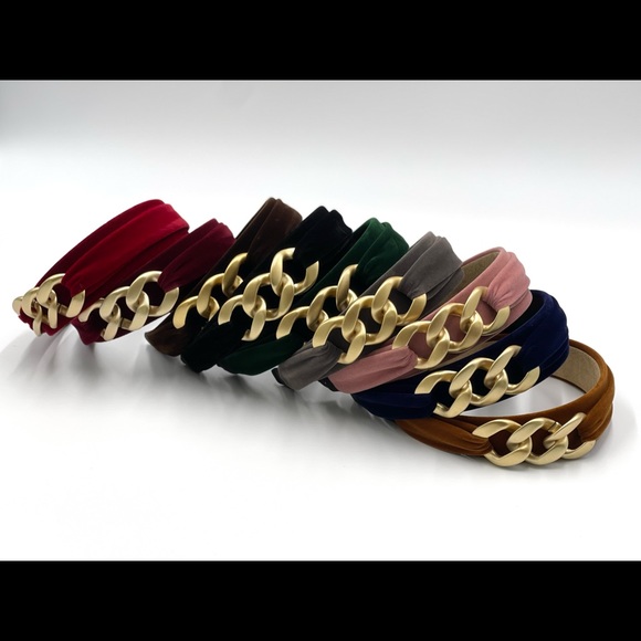 New Red Handmade Velvet Gold Chain Elegant Glamorous comfy bendable Headband - Picture 4 of 12